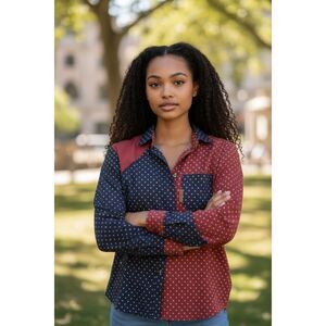 Vintage Banjo Dallas Texas Western Shirt Red Blue Polka Dot Patchwork Medium USA
